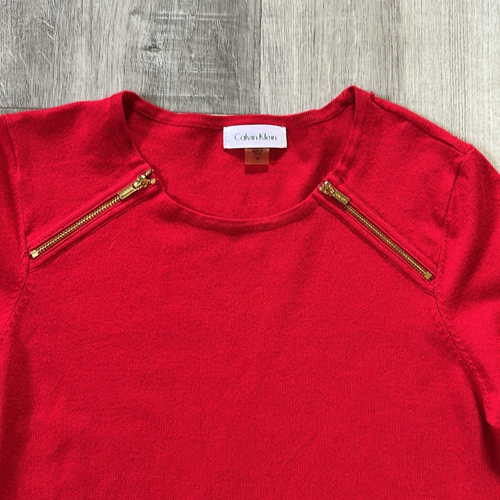 Calvin Klein Red Dress with Gold Zipper Details Sz Medium - Picture 2 of 7